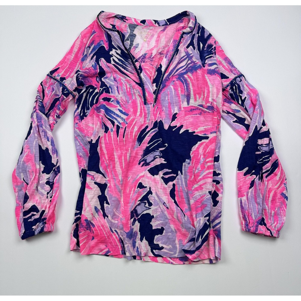 Lilly Pulitzer Tunic Shirt Womens XS Pink Blue Tropical Long Sleeve Cotton